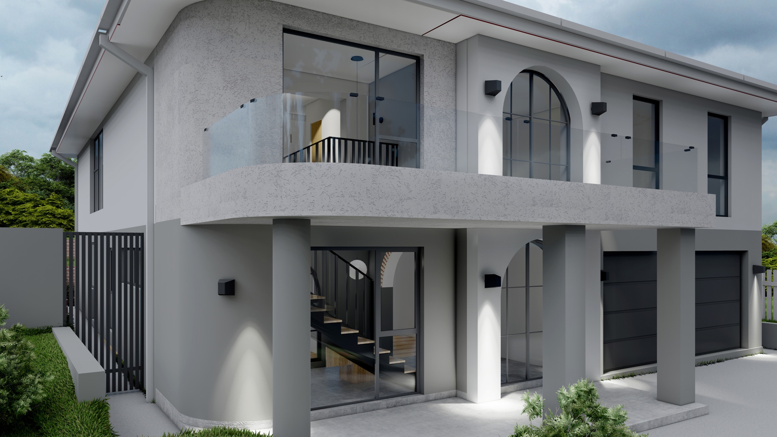 Front facade extension and renovation. Concretee look render on walls and balcony with arched steel doors.