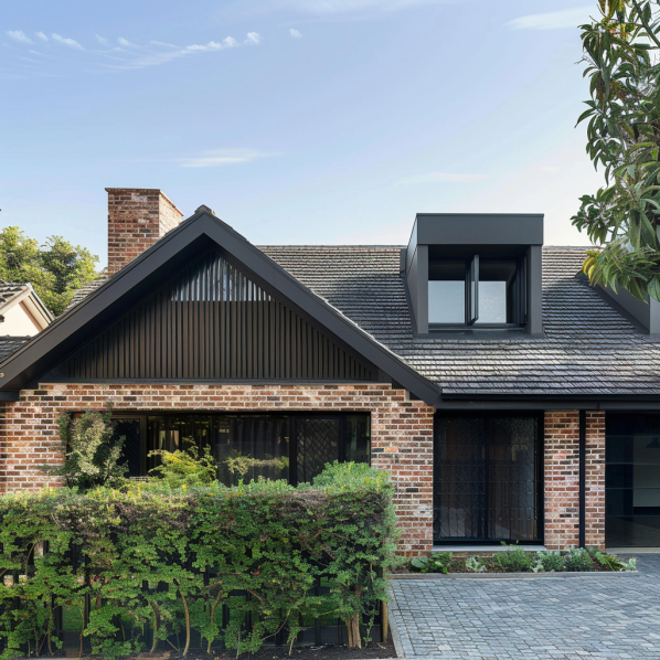 House-renovation-recycled-red-brick-Black-eaves-gable-roof-black-windows